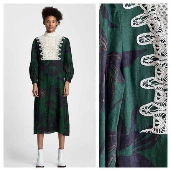 Zara Dresses & Skirts - Zara Green Linen Palm Leaf Crochet Accent Midi Dress Small